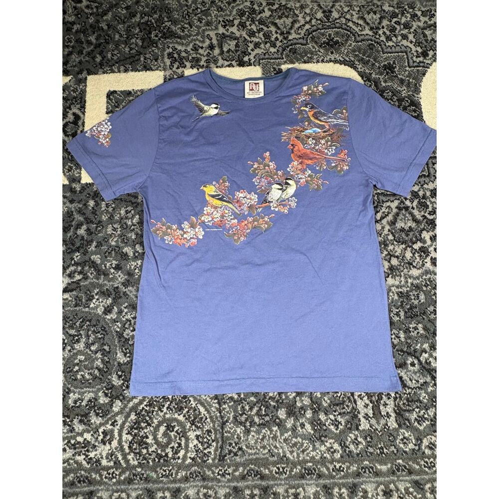 Vintage 90s Bird Graphic T-Shirt Blue Size L Nature Floral Wildlife Tee‎